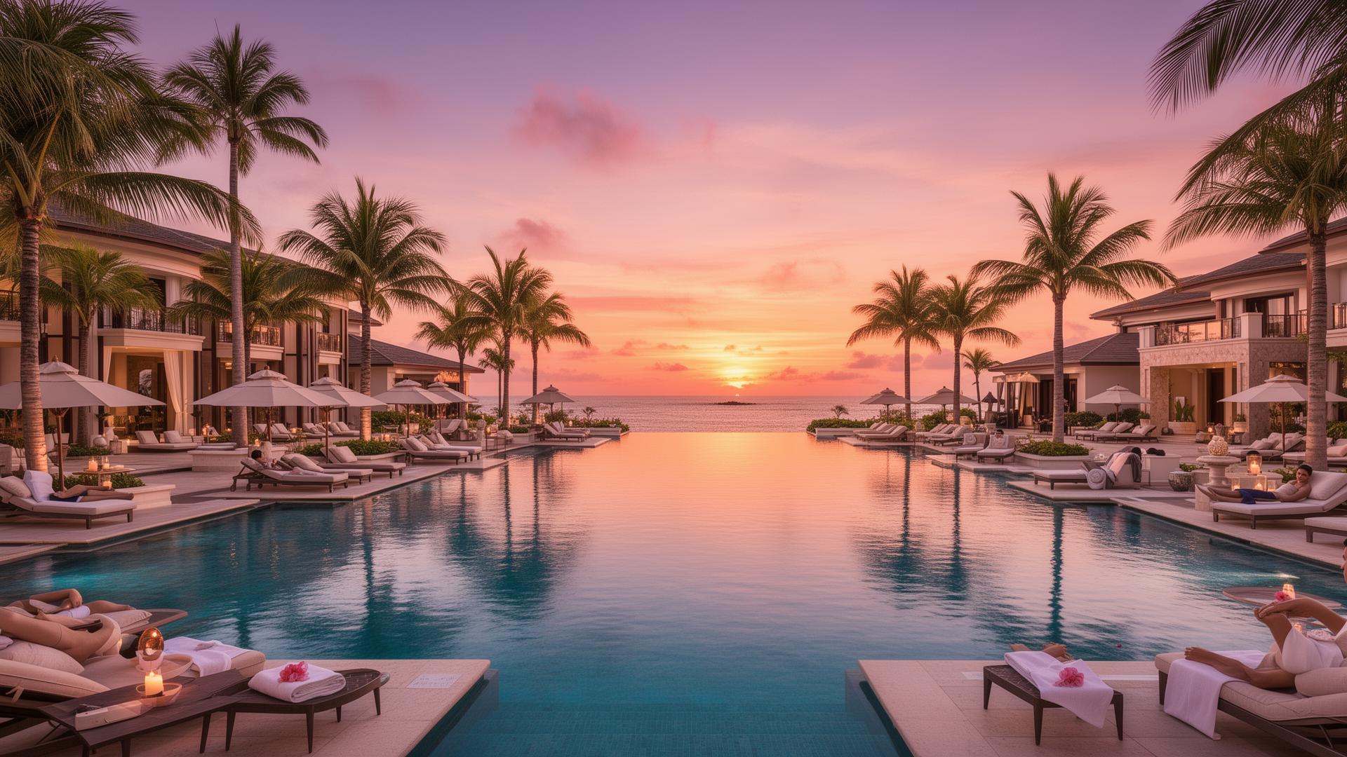 Romantisch adult only resort met infinity pool bij zonsondergang - exclusieve vakantie voor volwassenen