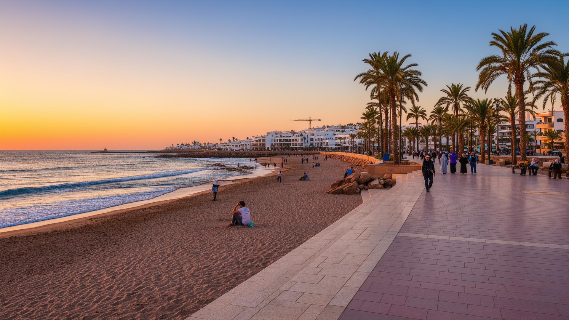 Agadir Marokko strand met palmbomen bij zonsondergang