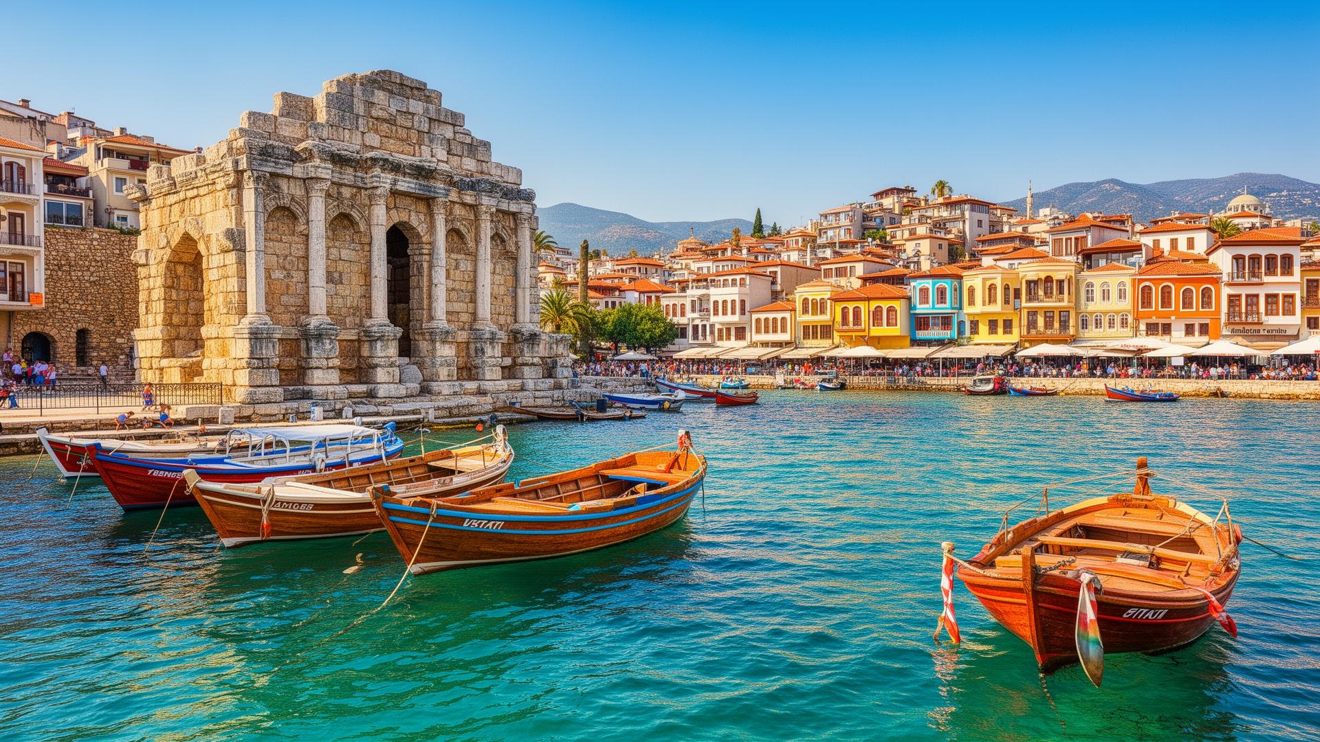 Kaleiçi oude haven van Antalya met boten en Taurusgebergte