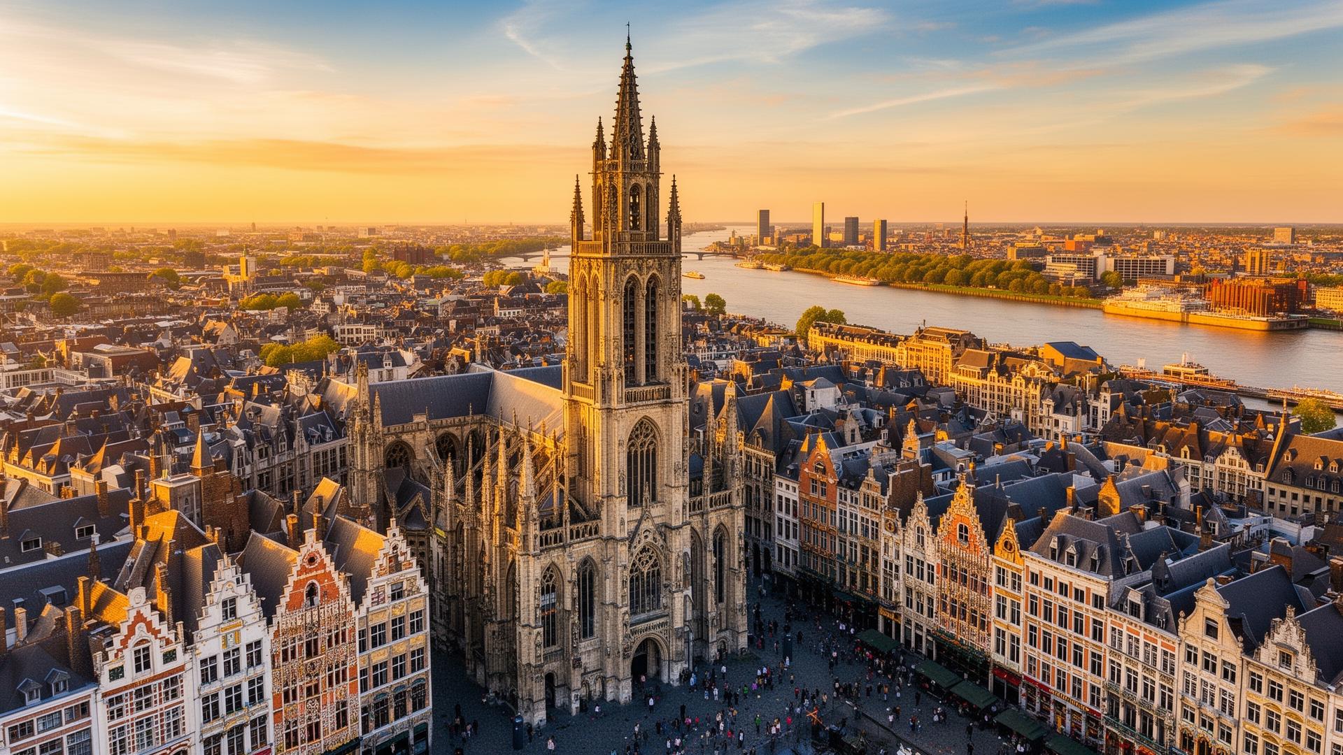 Antwerpen kathedraal en Grote Markt bij zonsondergang