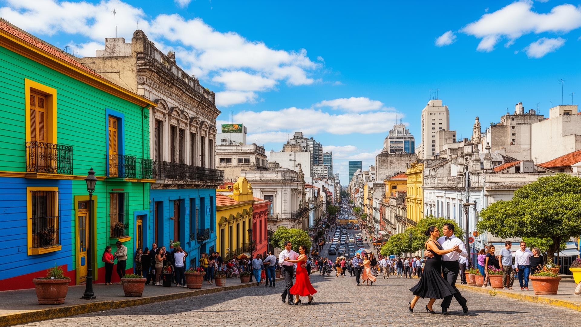 Kleurrijke huizen in La Boca wijk Buenos Aires met tango dansers