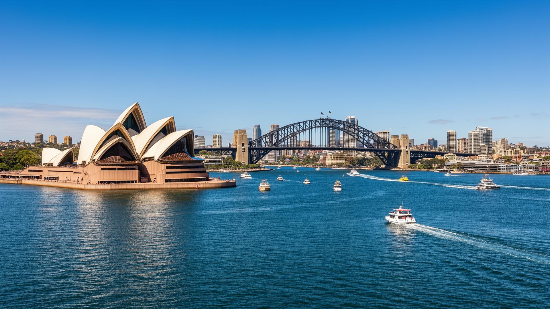 Sydney Opera House en Harbour Bridge weerspiegeld in het blauwe Sydney Harbour water