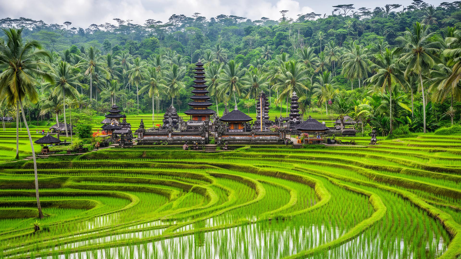 Bali rijstterrassen met hindoeïstische tempel en palmbomen