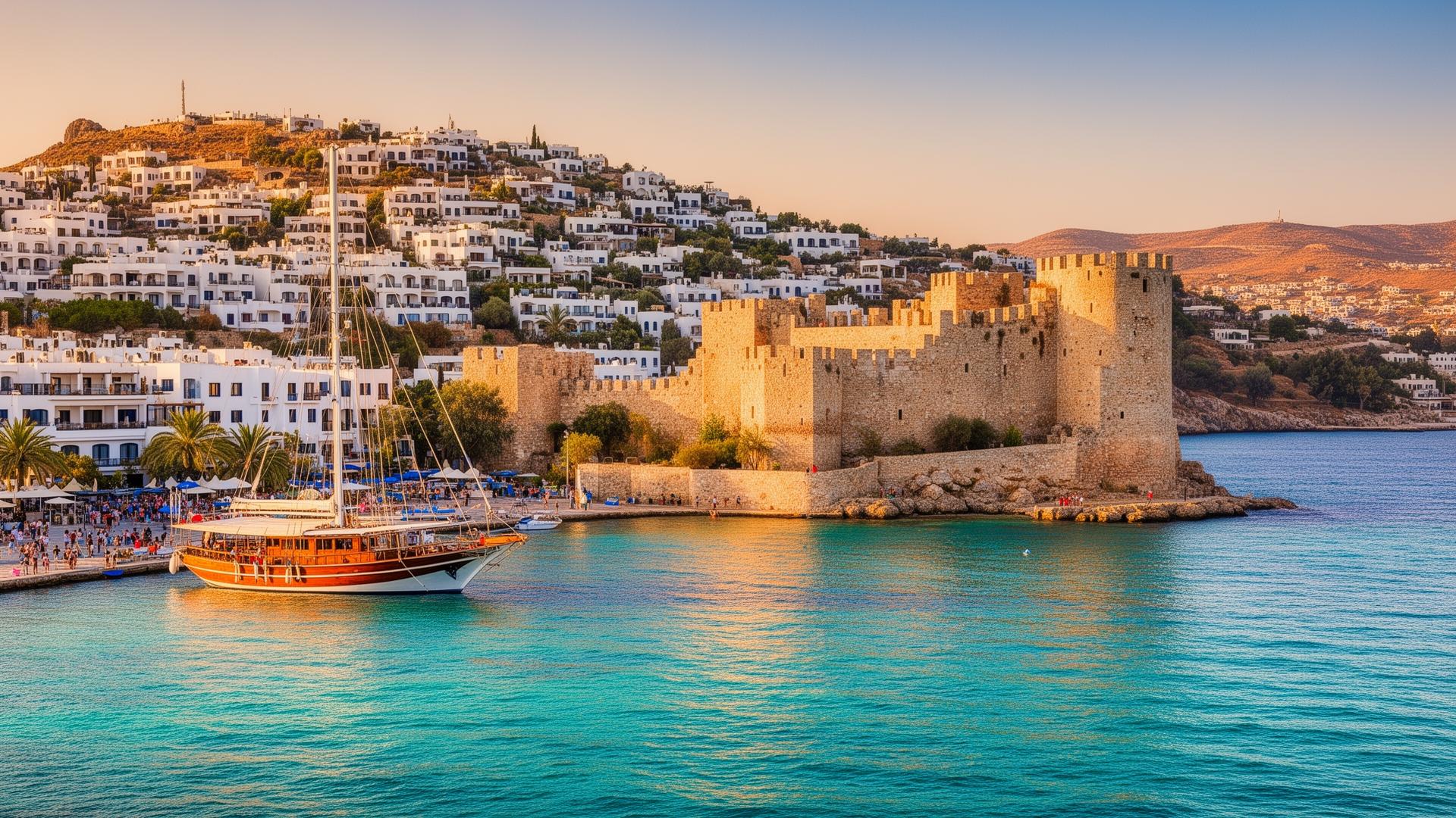 Bodrum kasteel en haven met witte huizen