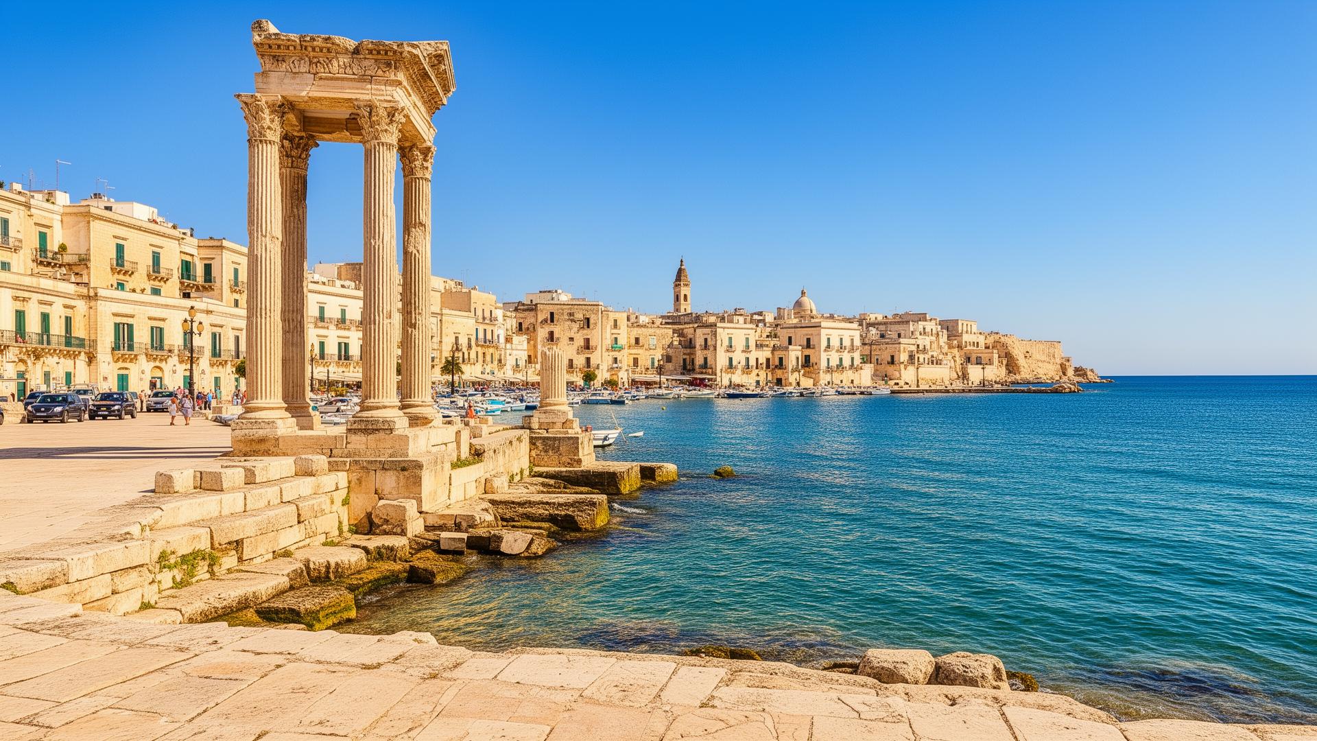 Brindisi haven met Romeinse zuilen en Adriatische Zee 2026