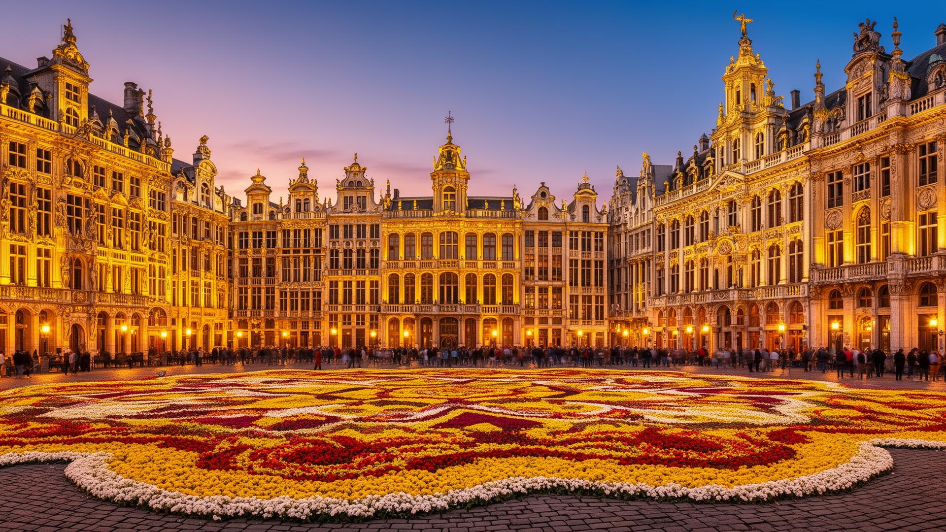 Brussel Grote Markt met gildehuizen bij schemering
