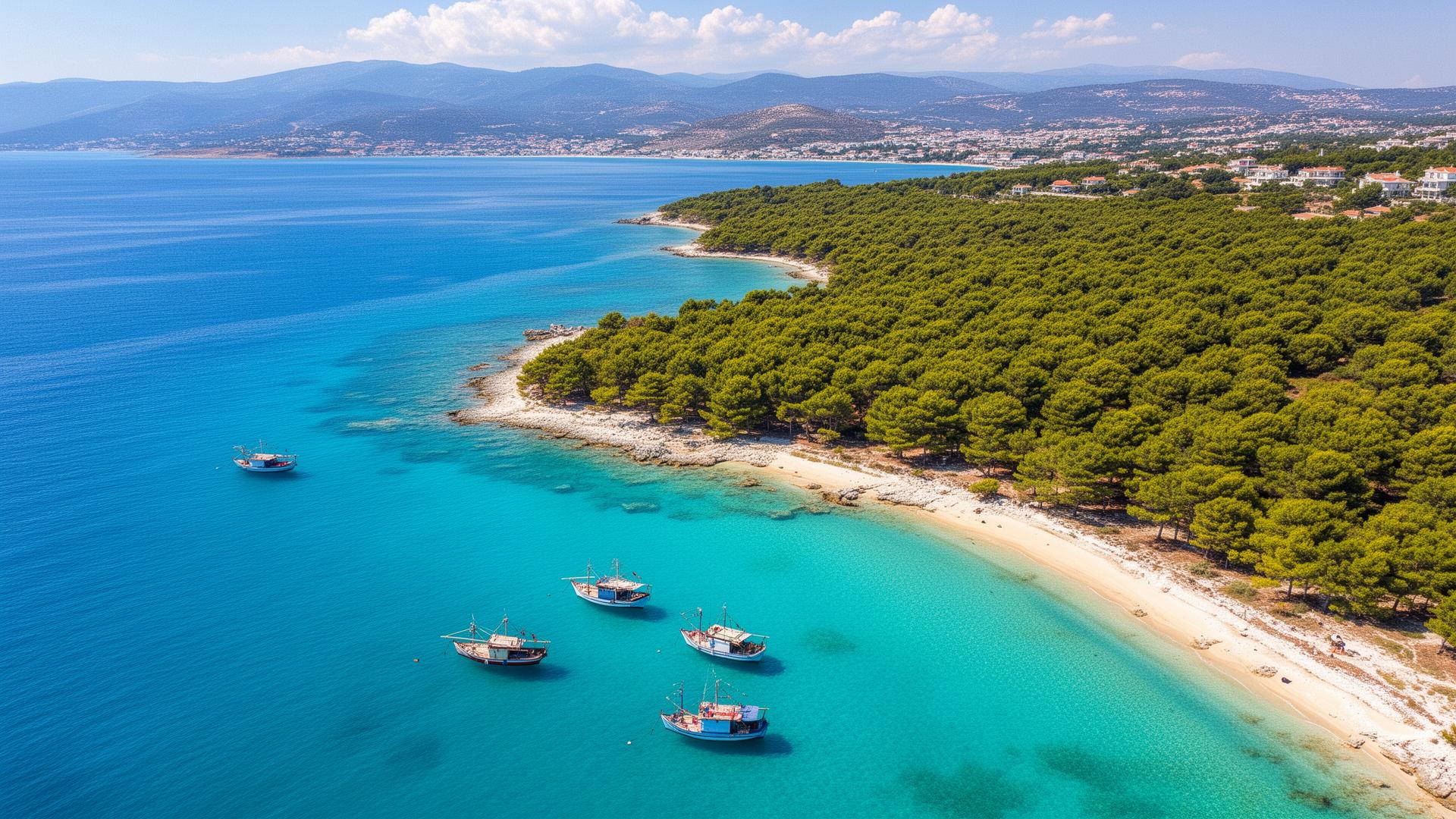 Luchtfoto van Chalkidiki schiereiland met turquoise zee en dennenbossen