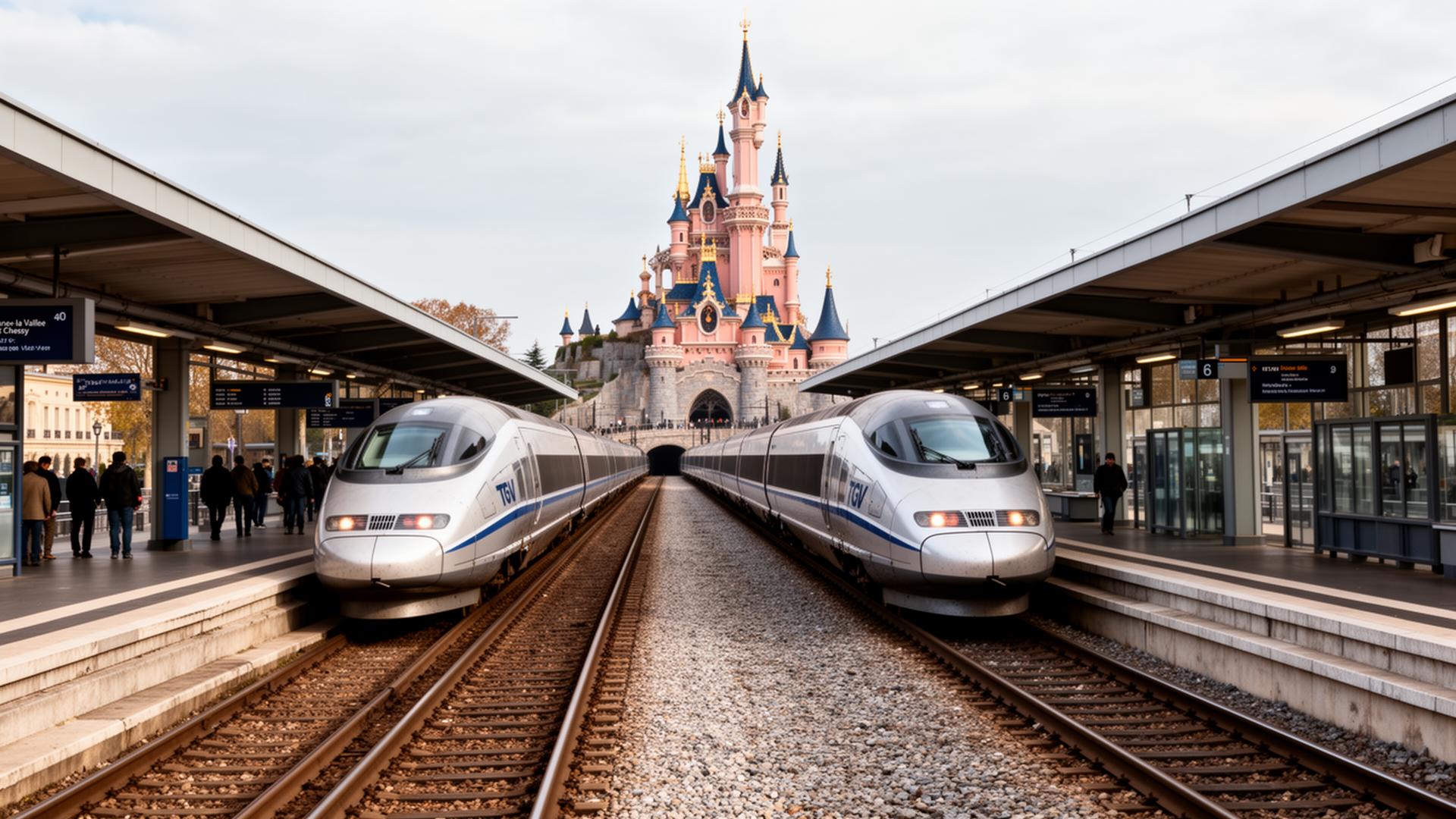 TGV-station Marne-la-Vallée Chessy met Disneyland Paris op de achtergrond