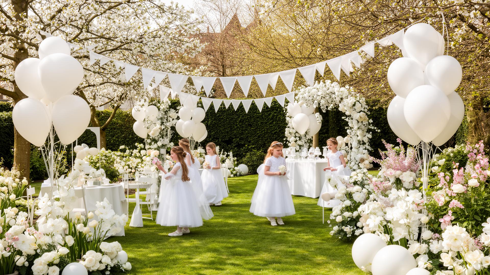 Feestelijke communieviering in een lentetuin met witte decoratie