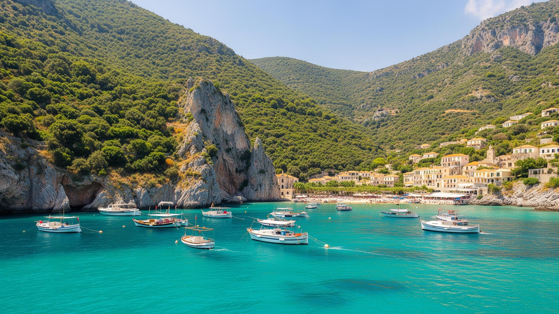 Prachtige baai van Paleokastritsa op Corfu met turquoise water en groene kliffen