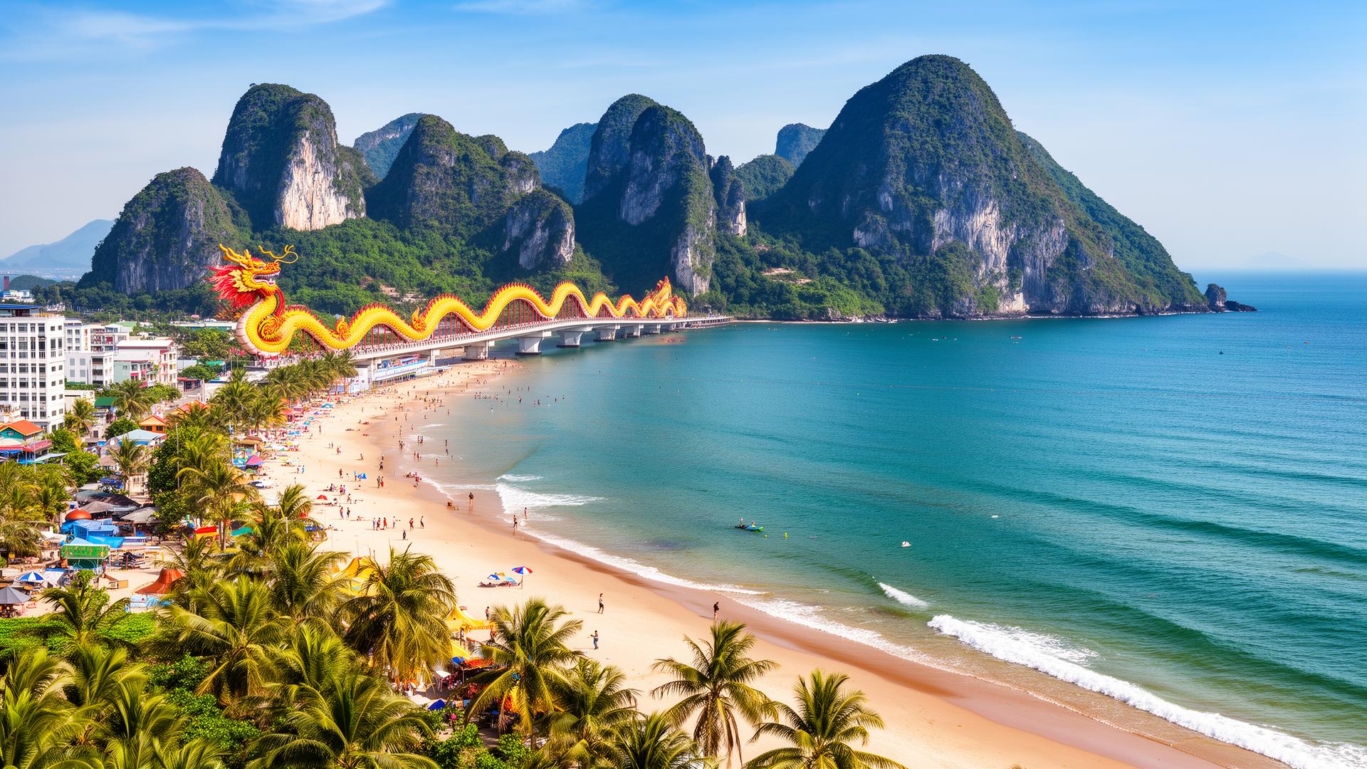 Da Nang Vietnam kustlijn met Dragon Bridge en bergen