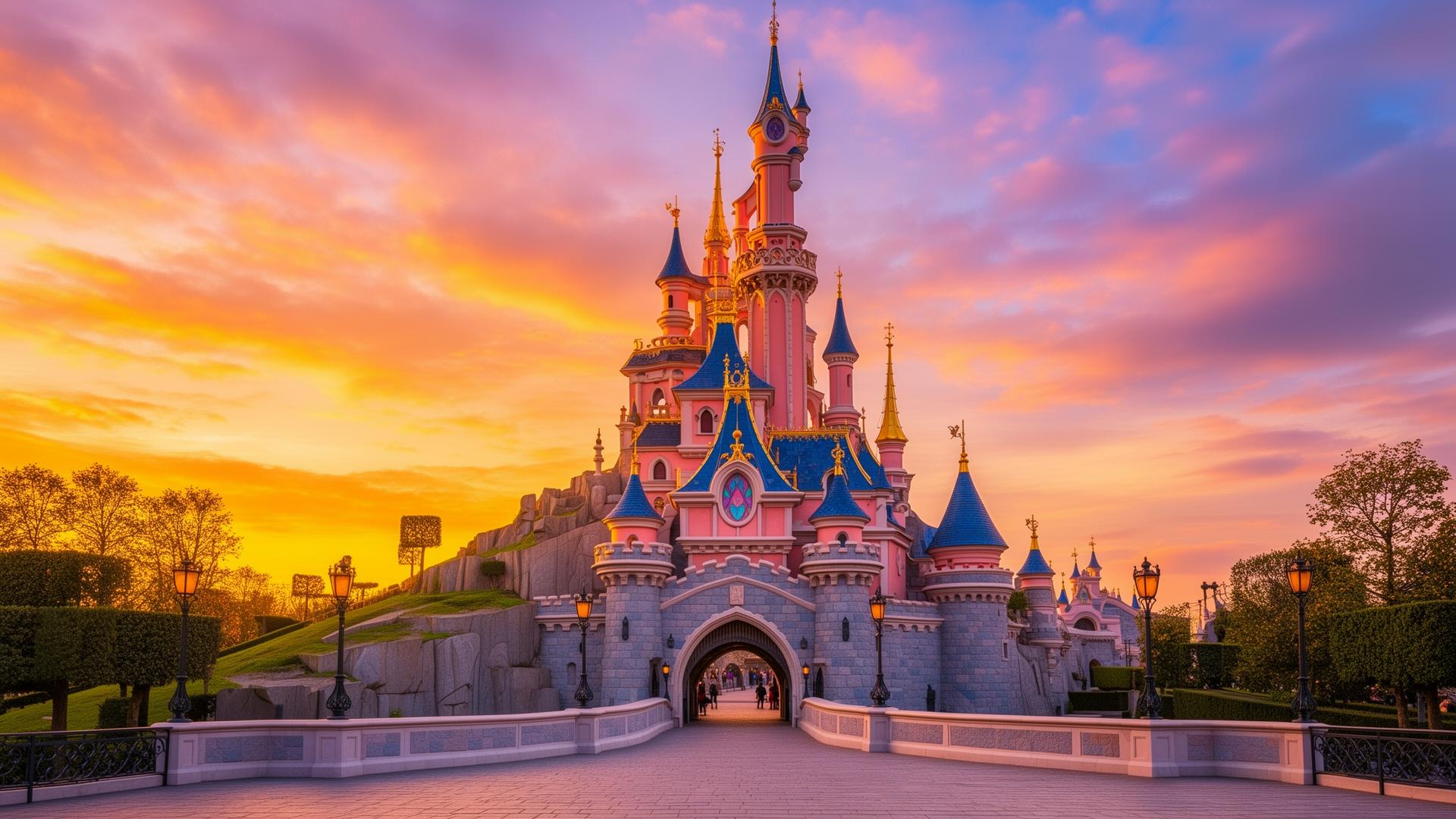 Het Sleeping Beauty Castle in Disneyland Paris bij zonsondergang