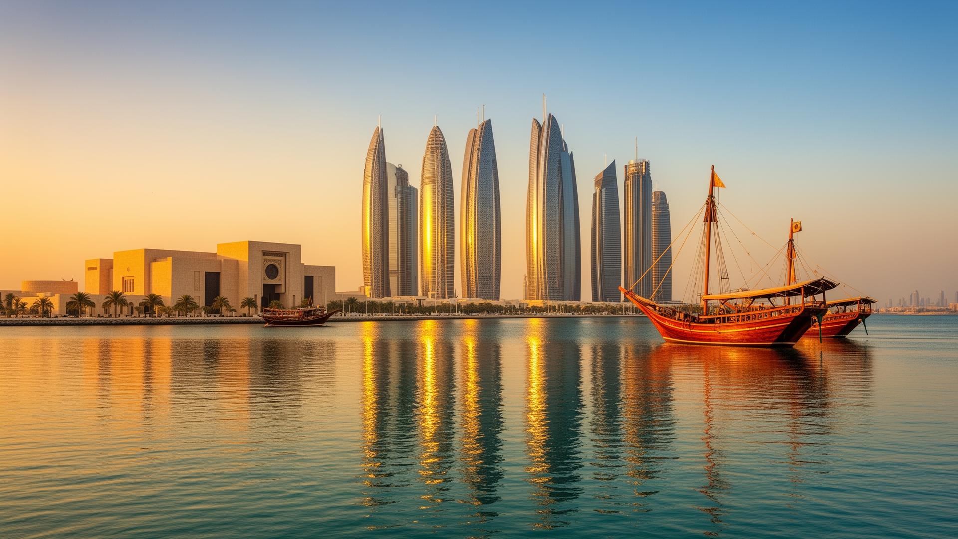 Doha skyline bij zonsondergang met traditionele dhow boten