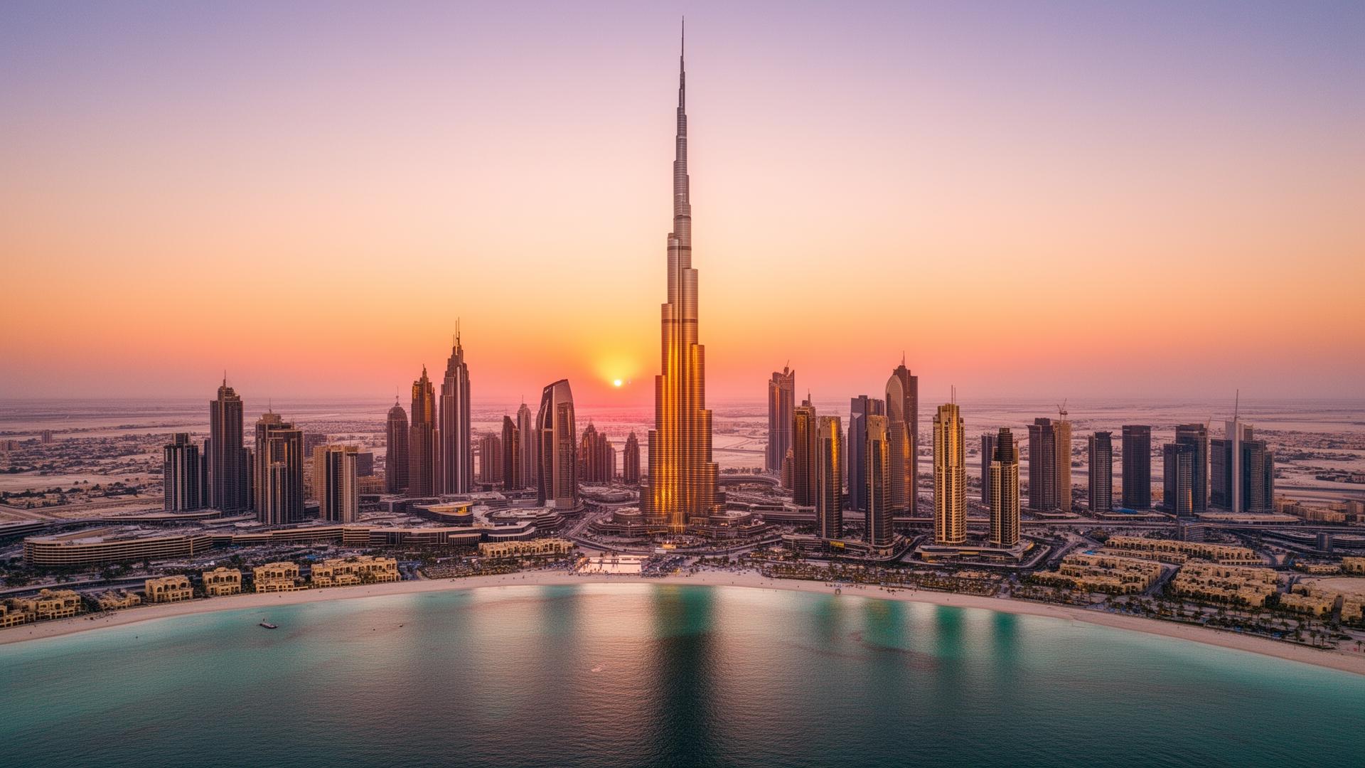 Dubai skyline met Burj Khalifa bij zonsondergang