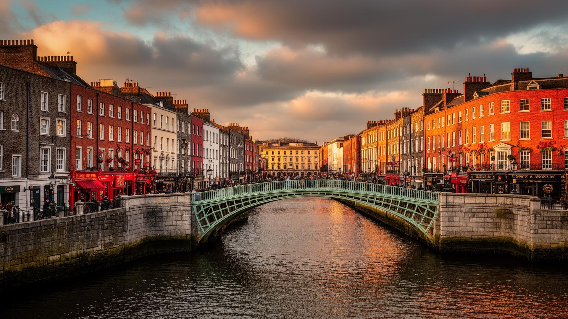 Dublin Ha'penny Bridge over de River Liffey bij zonsondergang