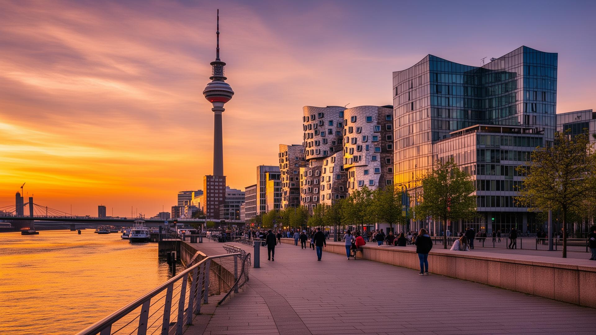 Düsseldorf Medienhafen met Gehry-gebouwen en Rheinturm bij zonsondergang