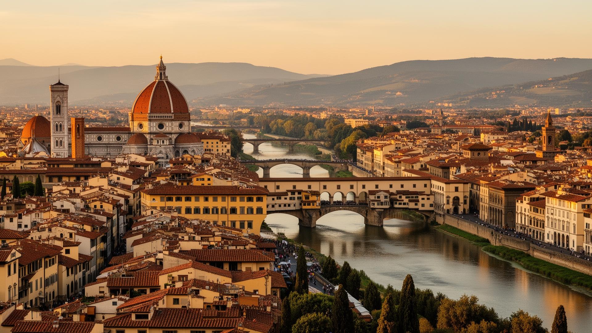 Florence panorama met Duomo en Ponte Vecchio bij zonsondergang