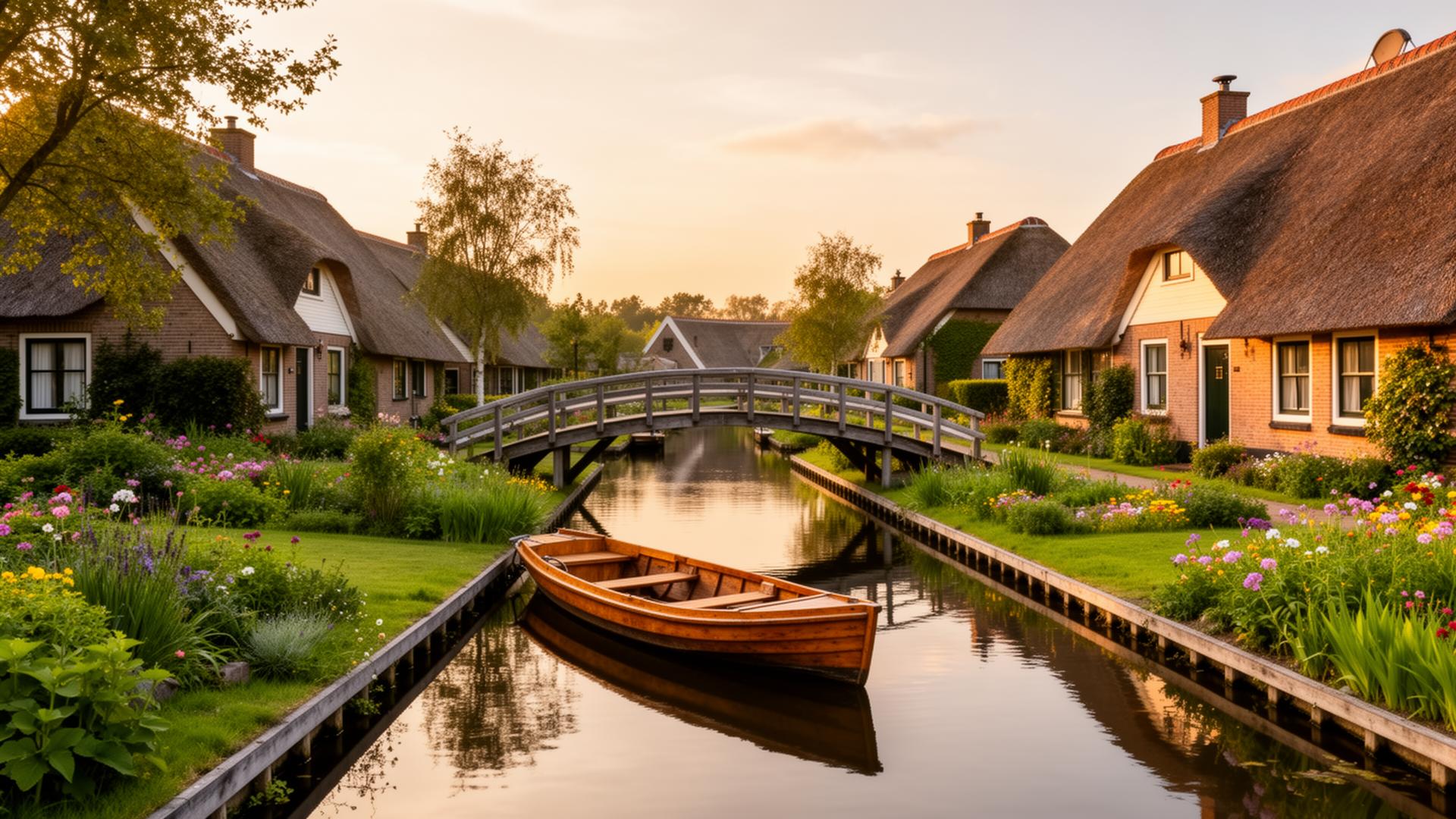 Grachten met houten boogbrug, fluisterboot en rietgedekte boerderijen in Giethoorn, Nederland