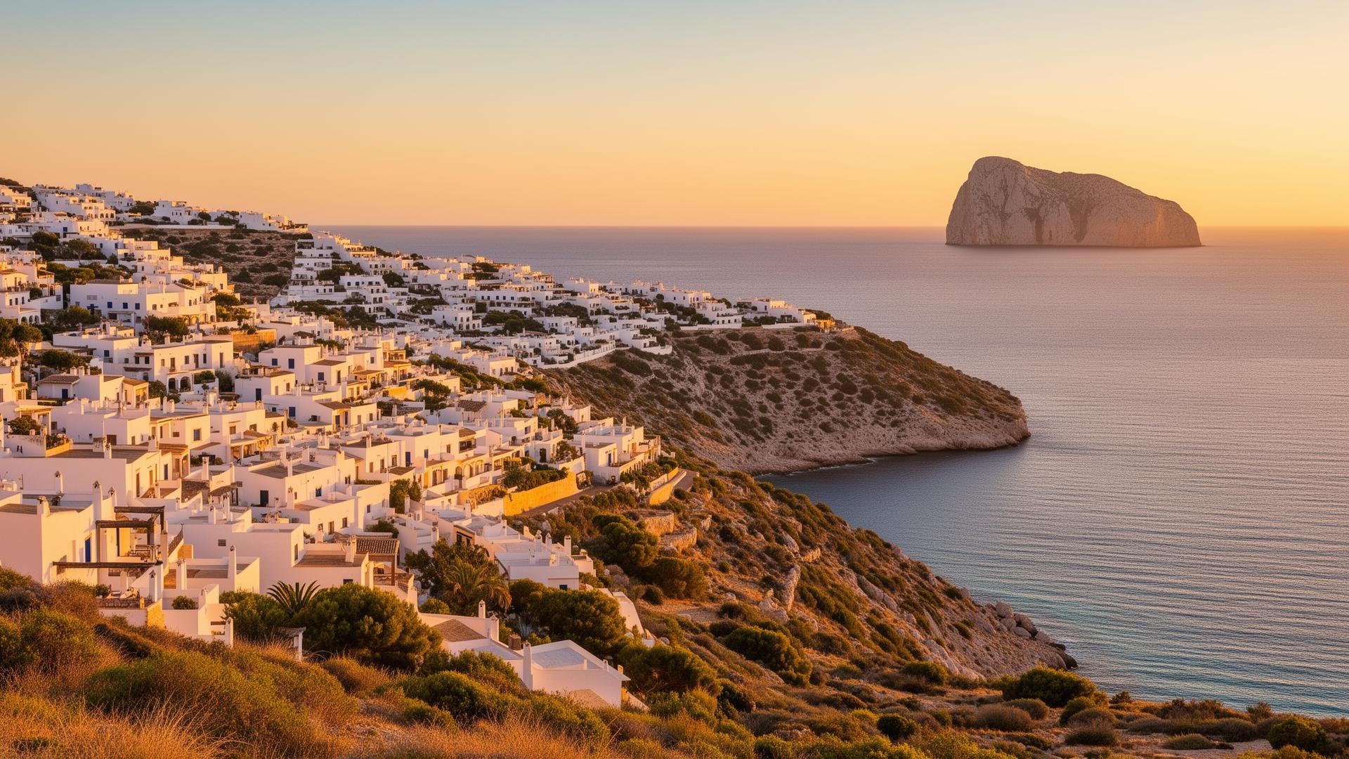 Zonsondergang over Es Vedrà rots bij Ibiza met turquoise water