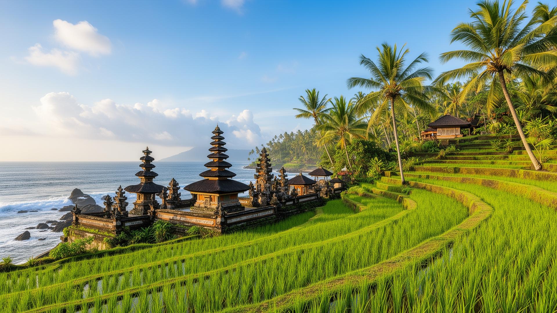 Balinese tempel aan de oceaan met rijstterrassen en palmbomen in Indonesië