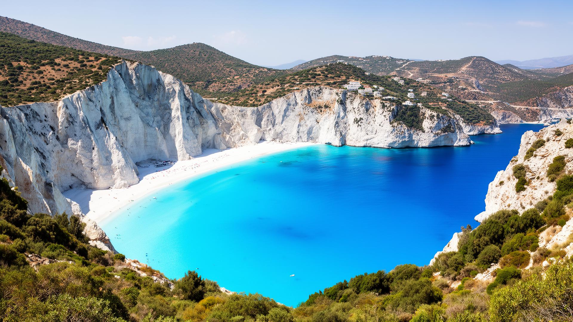 Kefalonia Griekenland - Myrtos Beach met witte kliffen en turquoise water