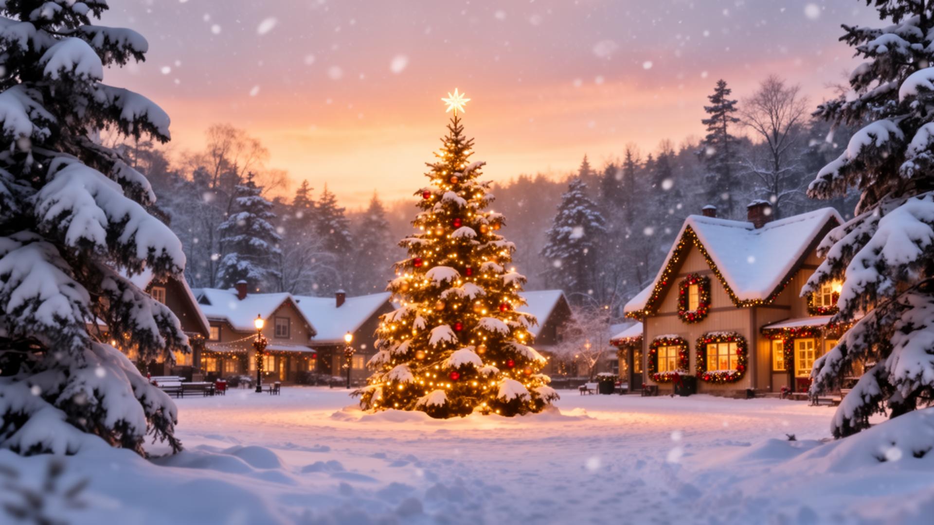 Sfeervolle kerstverlichting en sneeuw