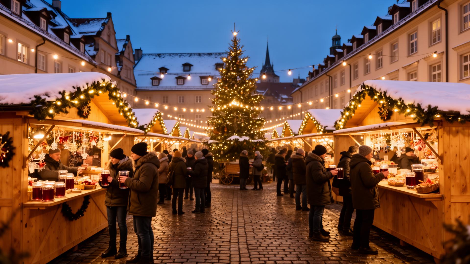 Sfeervolle kerstmarkt met lichtjes en sneeuw