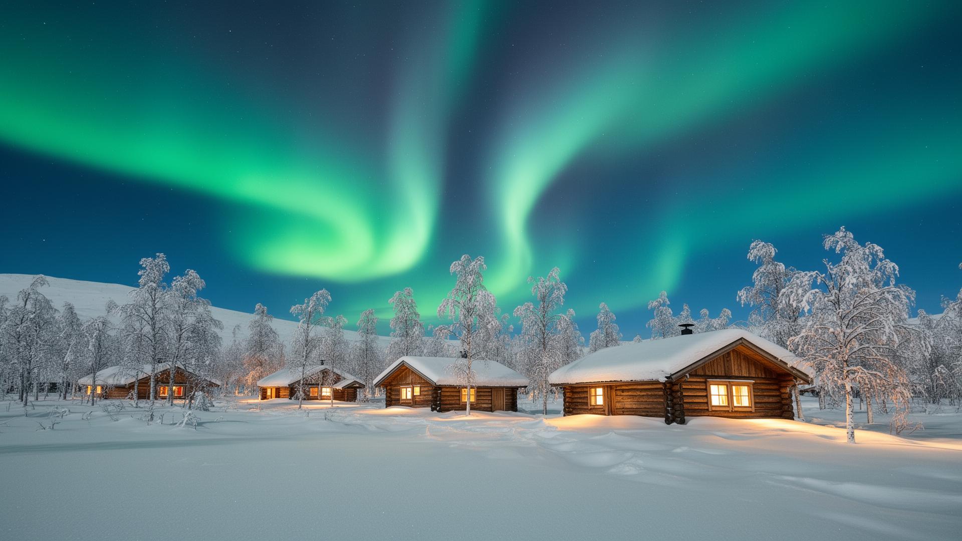 Kittilä Lapland noorderlicht boven besneeuwde hutten 2026