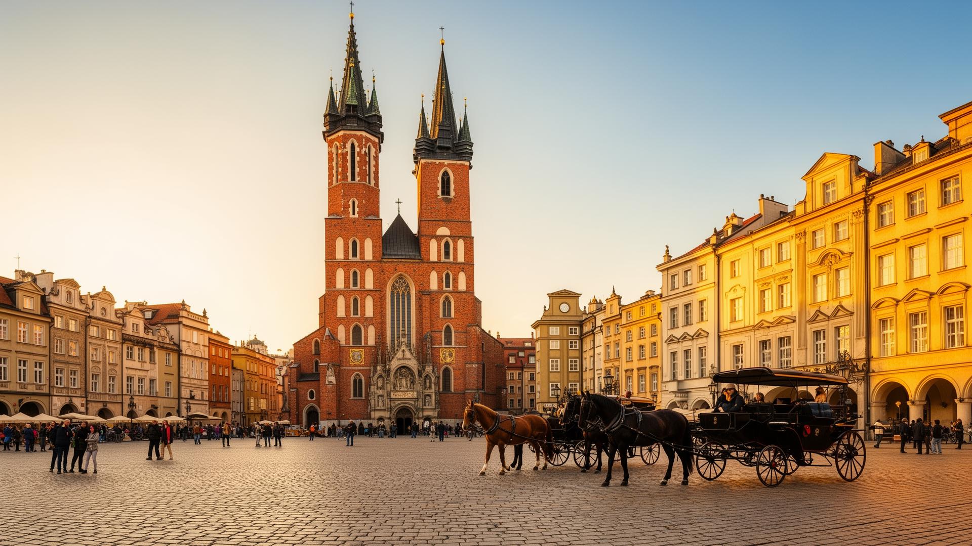 Krakau Grote Markt met Mariakerk en Lakenhal
