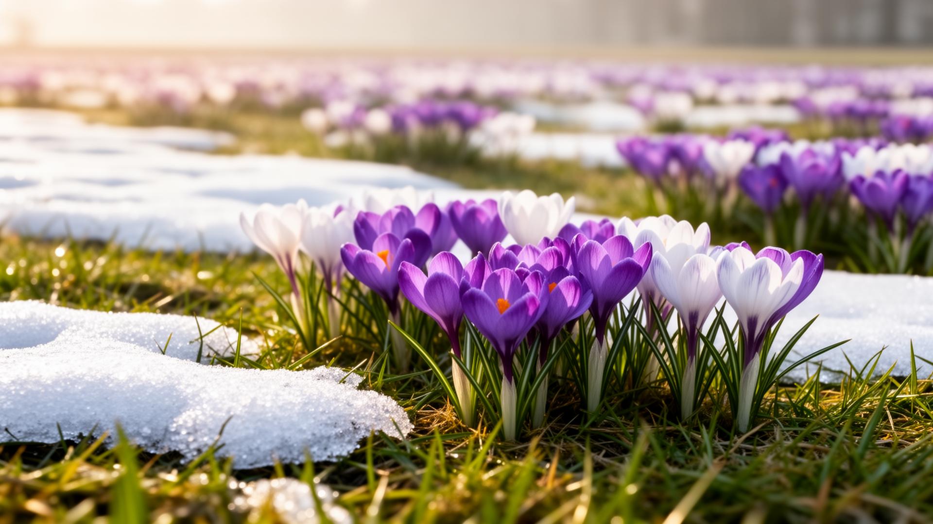Paarse krokussen in bloei met smeltende sneeuw - krokusvakantie