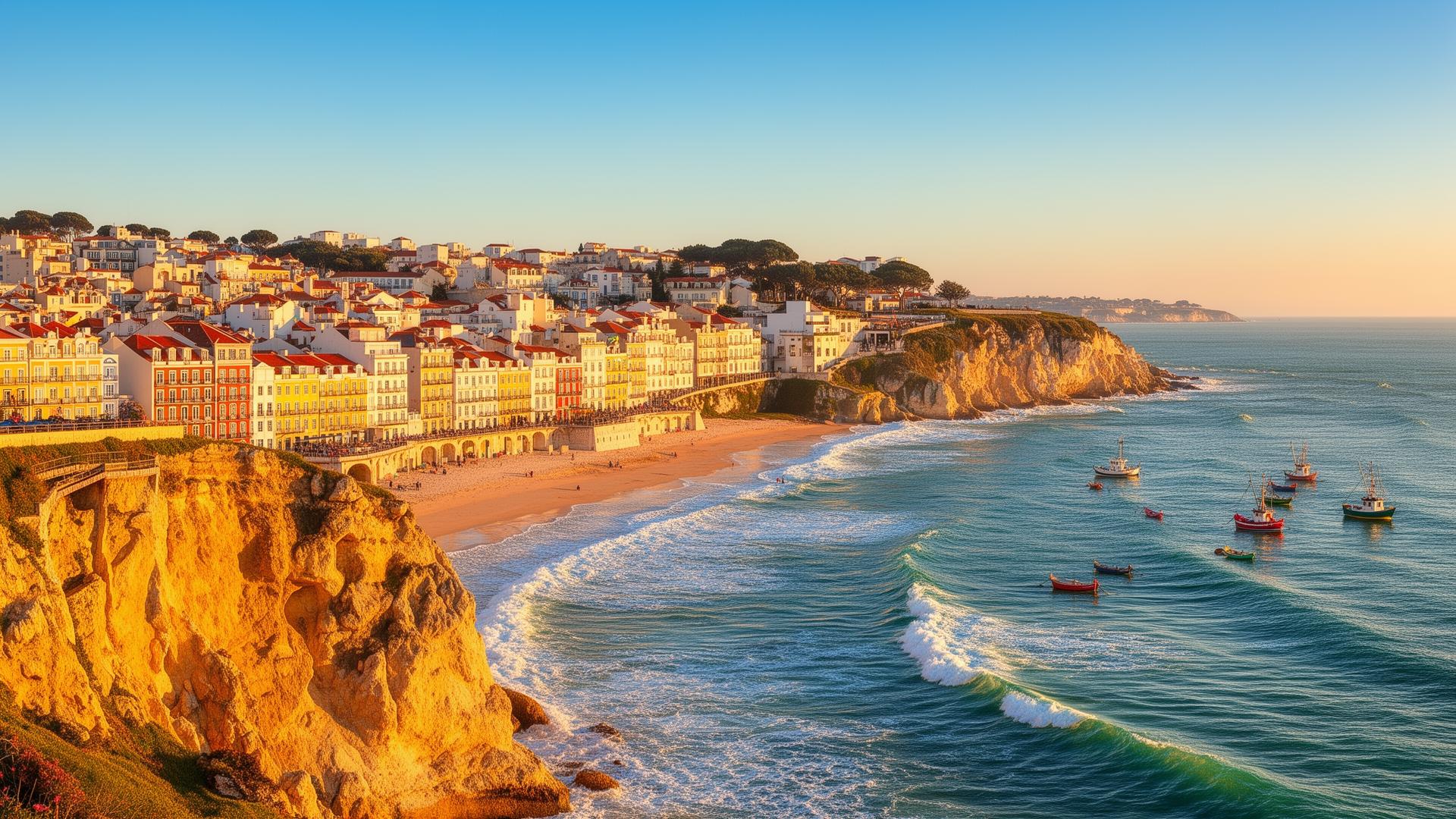 Kust van Lissabon met kleurrijke gebouwen en Atlantische Oceaan