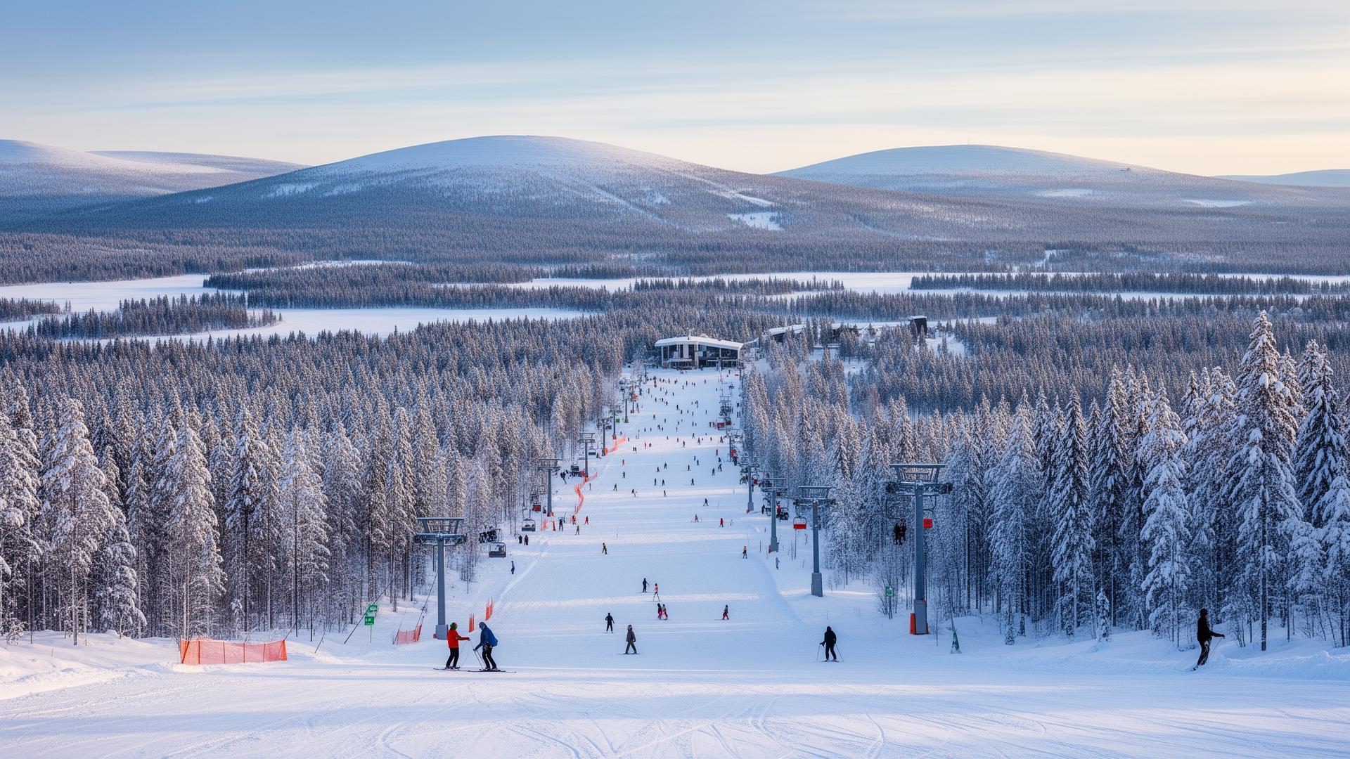 Kuusamo Ruka skigebied met skiërs en besneeuwde bergen 2026
