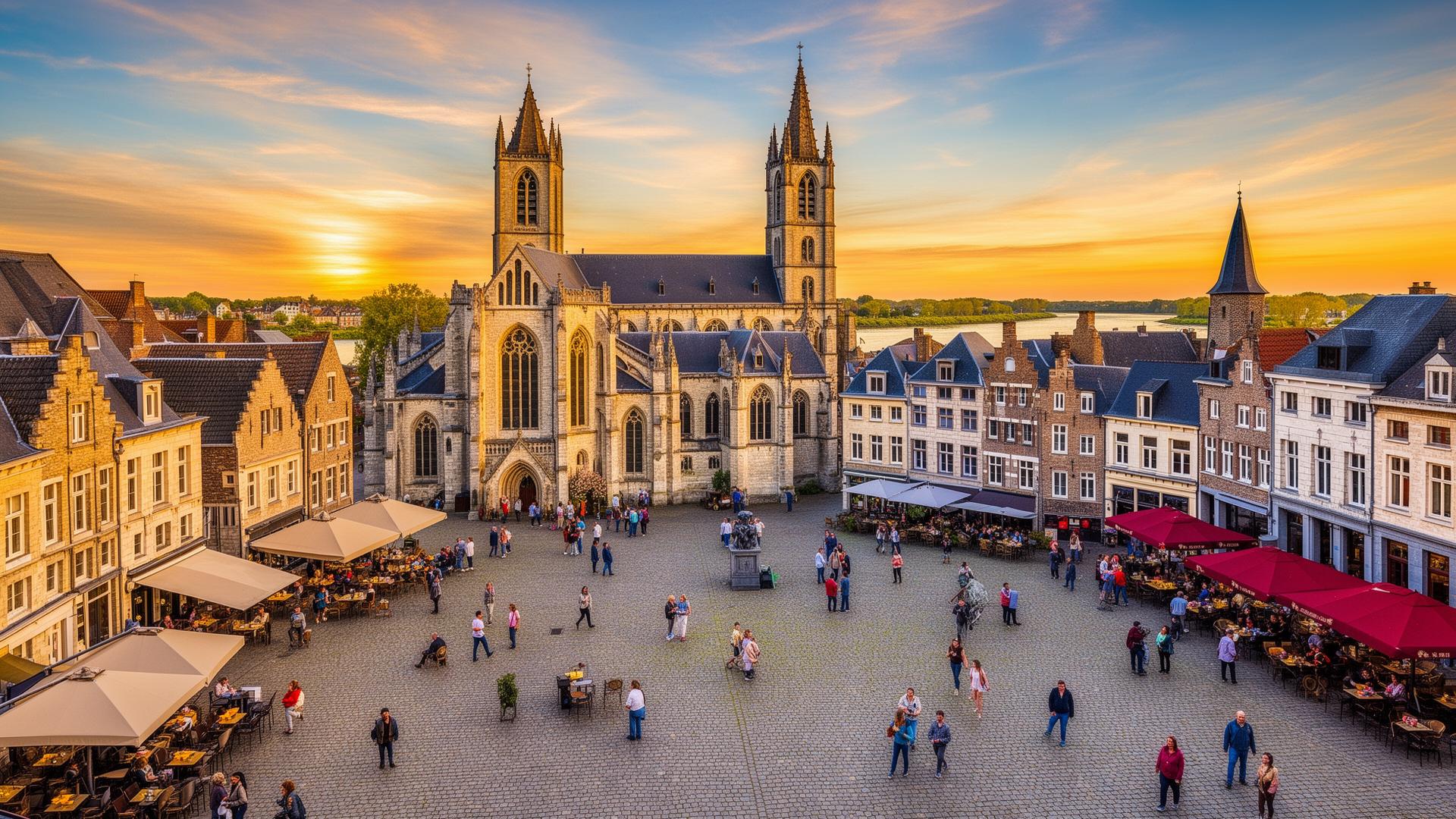 Maastricht Vrijthof met Sint-Servaasbasiliek bij zonsondergang