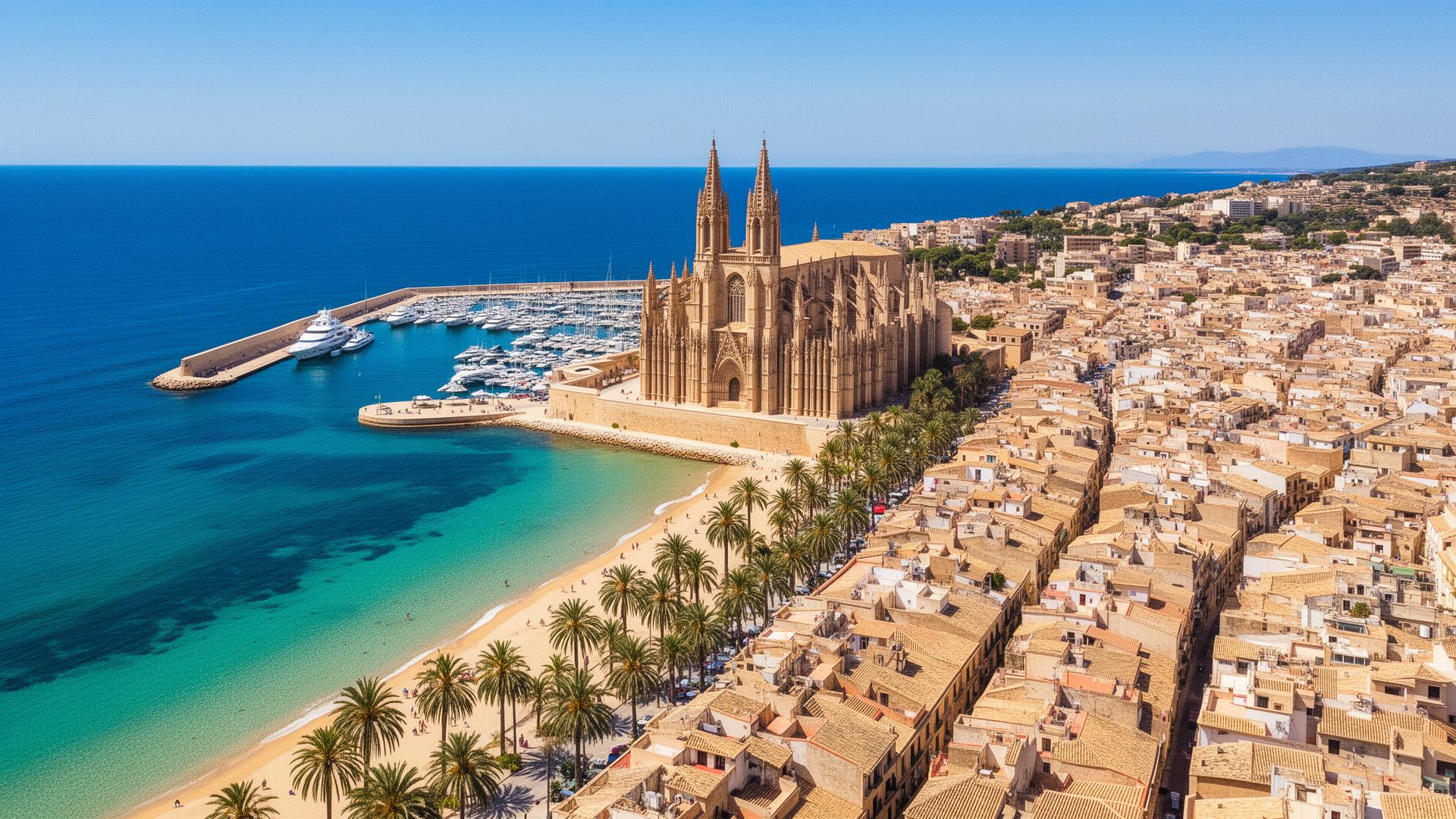 Kathedraal van Palma de Mallorca aan de haven met turquoise water
