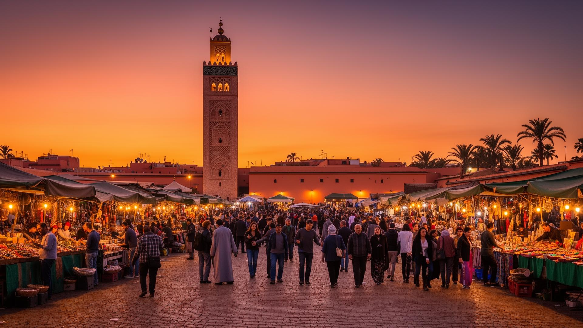 Djemaa el-Fna plein in Marrakech bij zonsondergang