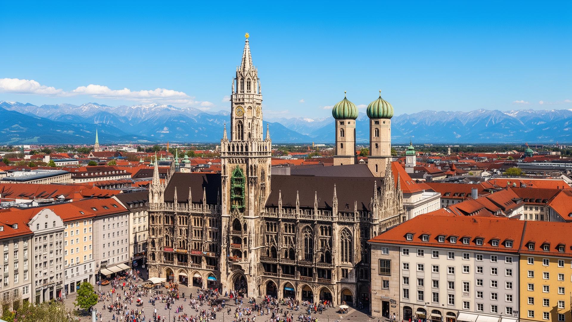 München Marienplatz met Nieuw Raadhuis en Alpen op de achtergrond