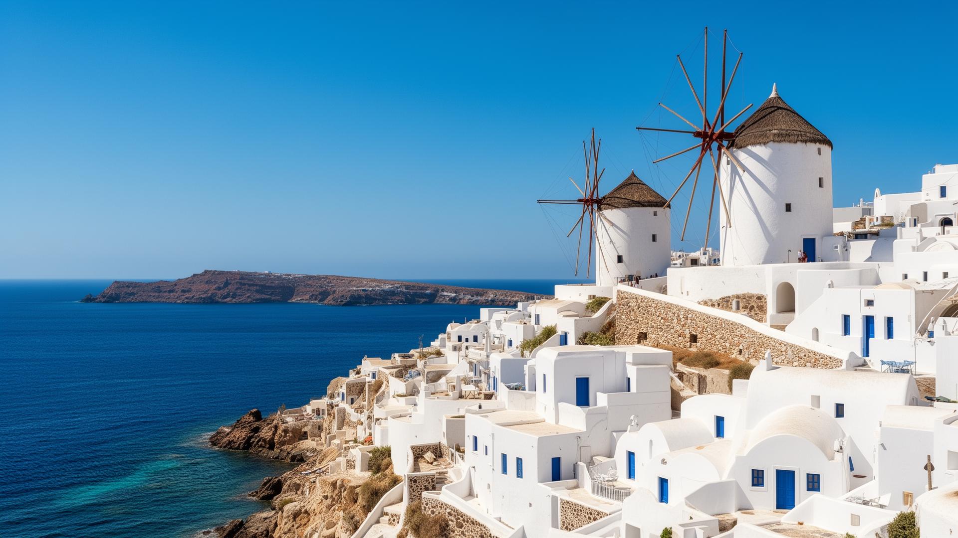 Mykonos Griekenland - iconische windmolens met witte huizen en blauwe zee