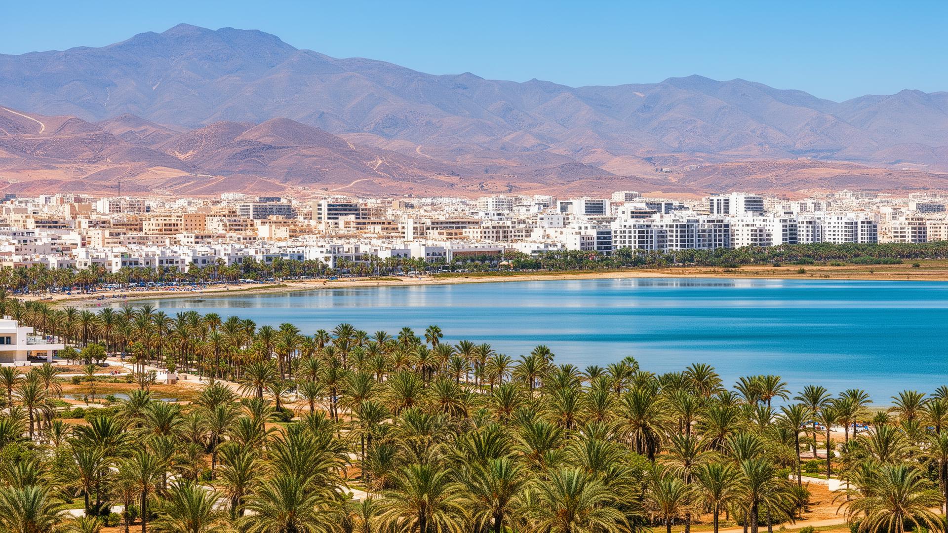 Nador Marchica lagune met Rifbergen op achtergrond 2026