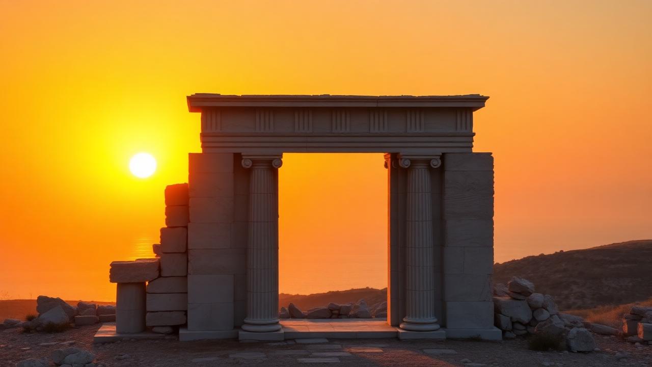 Portara tempel op Naxos bij zonsondergang 2026