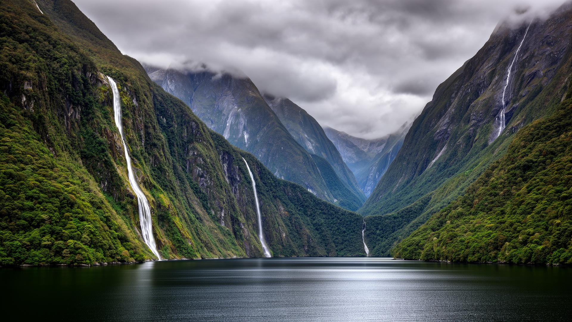 Milford Sound fjord met bergen en waterval in Nieuw-Zeeland