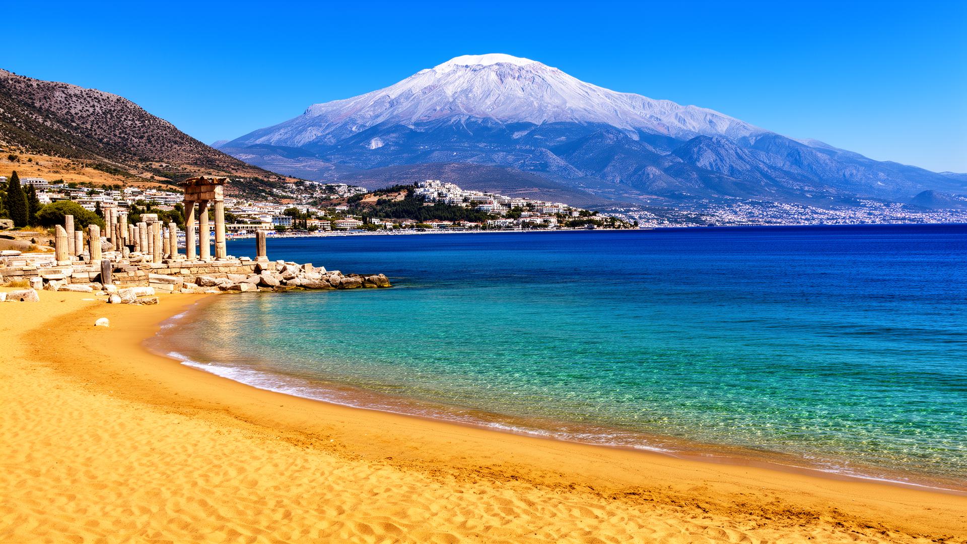 Olympische Riviera kustlijn met Mount Olympus op de achtergrond