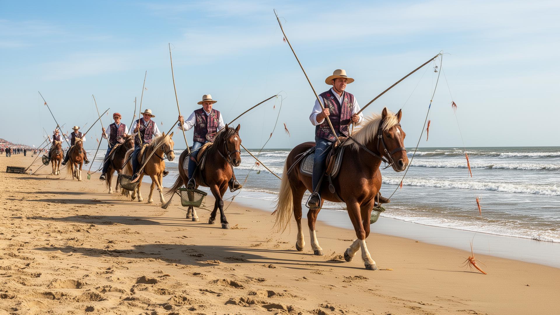 Garnaalvissers te paard op het strand van Oostduinkerke