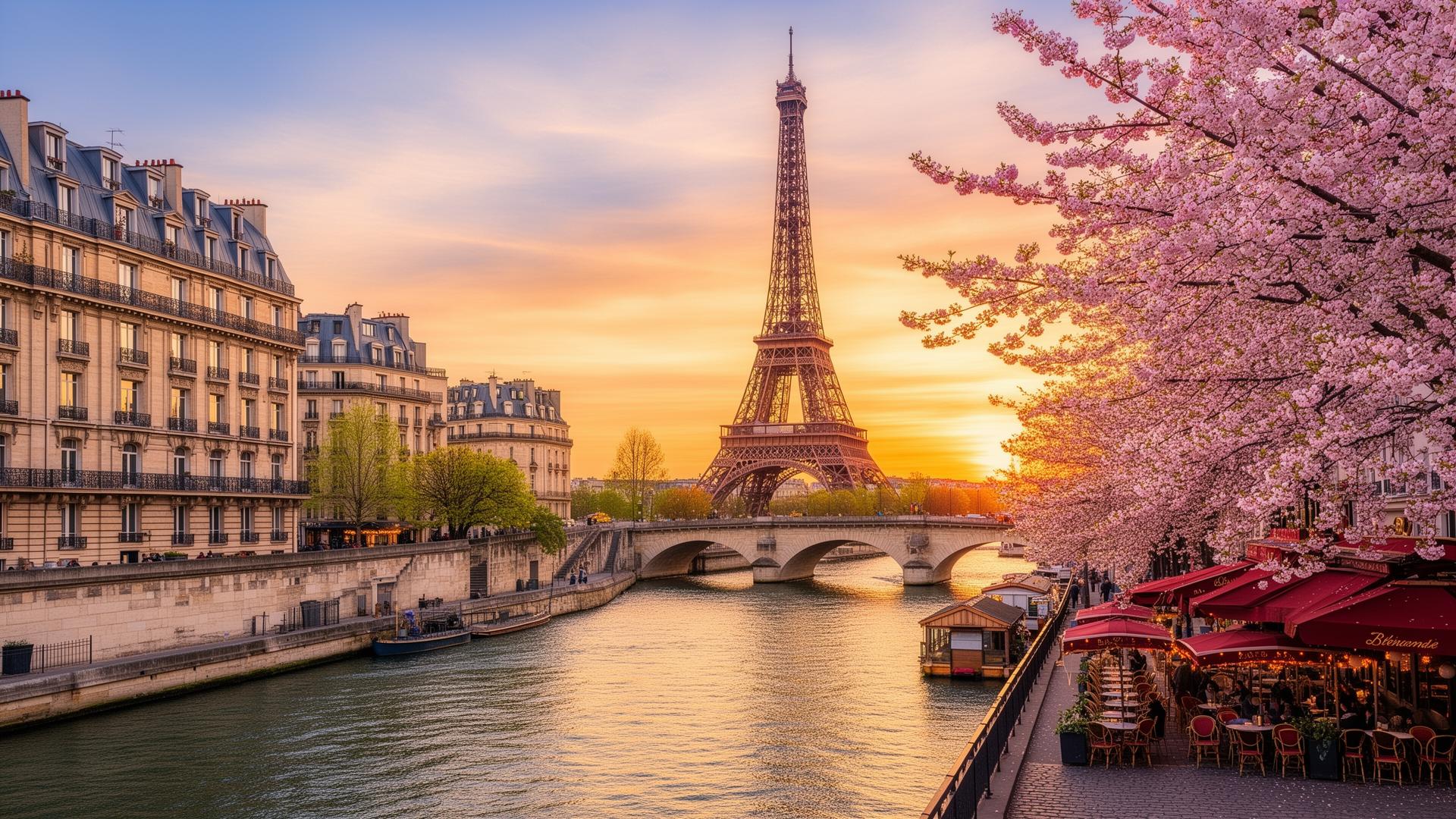 De Eiffeltoren in Parijs bij zonsondergang met uitzicht over de Seine