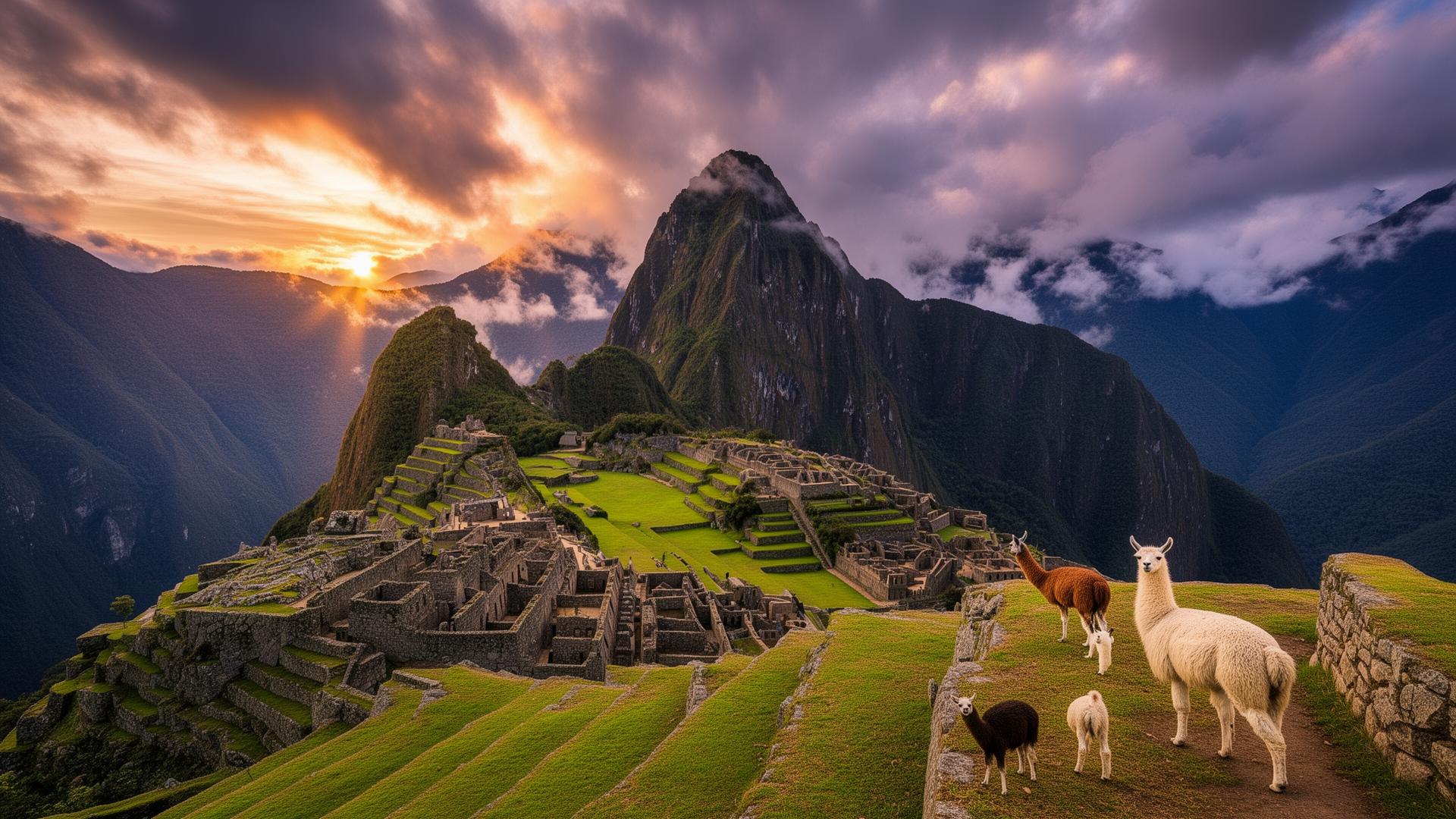 Machu Picchu bij zonsopgang met mist over de Andes bergen en lama's