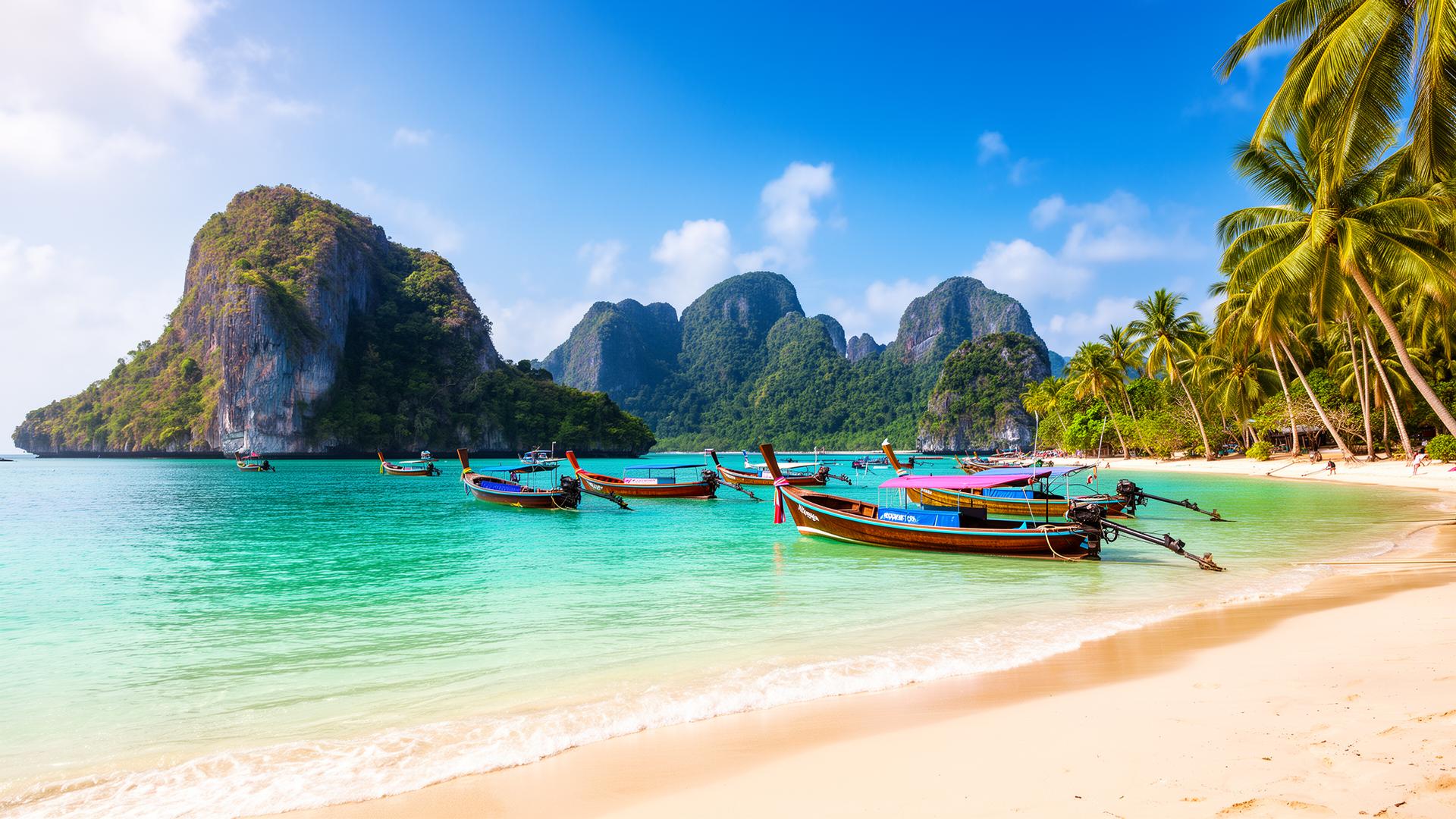 Phuket Thailand tropisch strand met longtailboten en kalksteeneiland