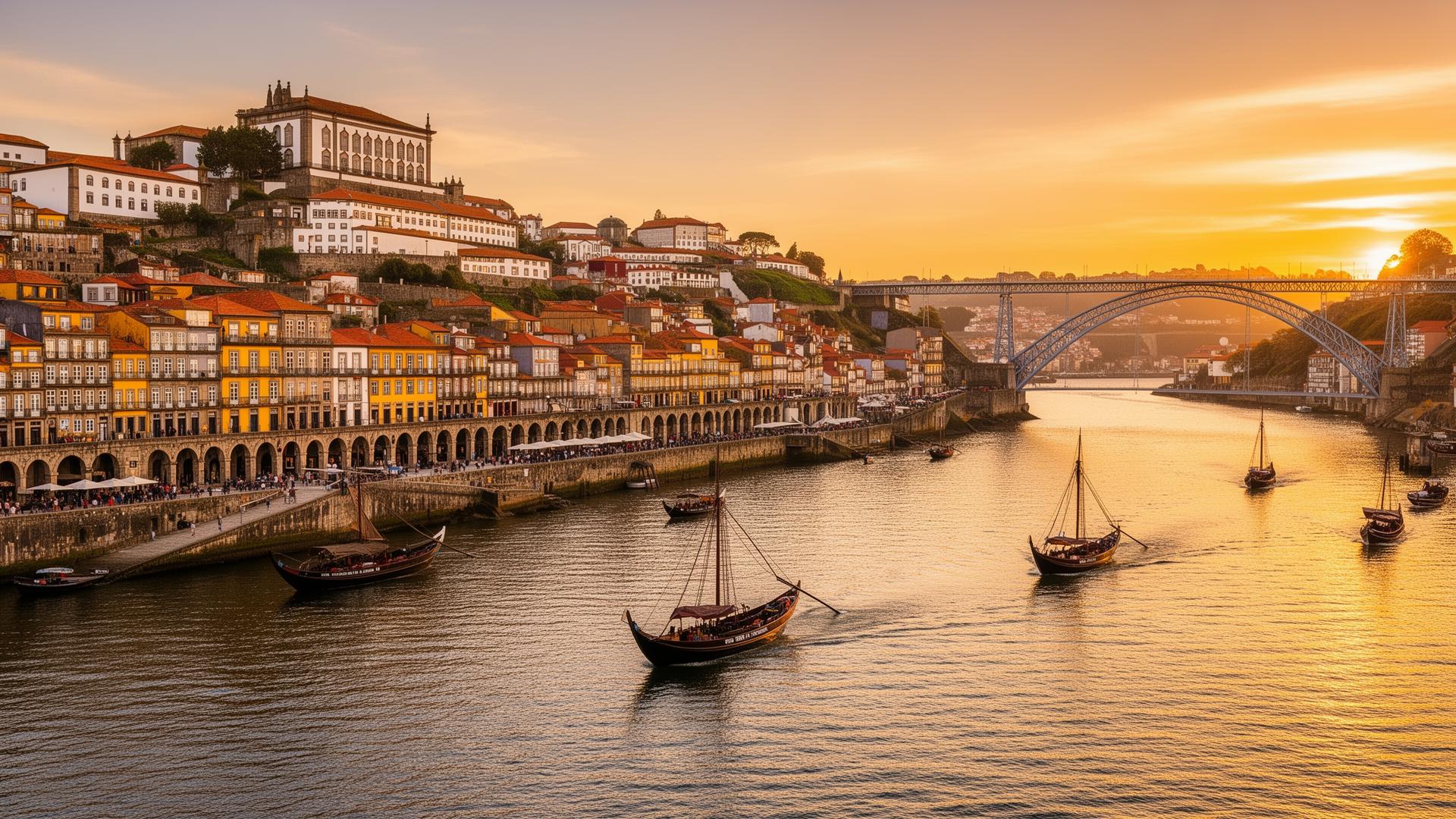 Porto Ribeira en Dom Luís I brug bij zonsondergang