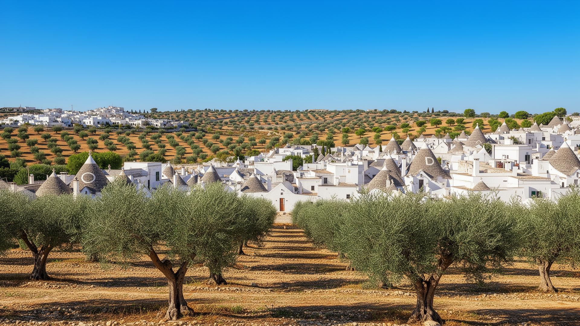 Witte trulli huizen van Alberobello in Puglia met olijfgaarden