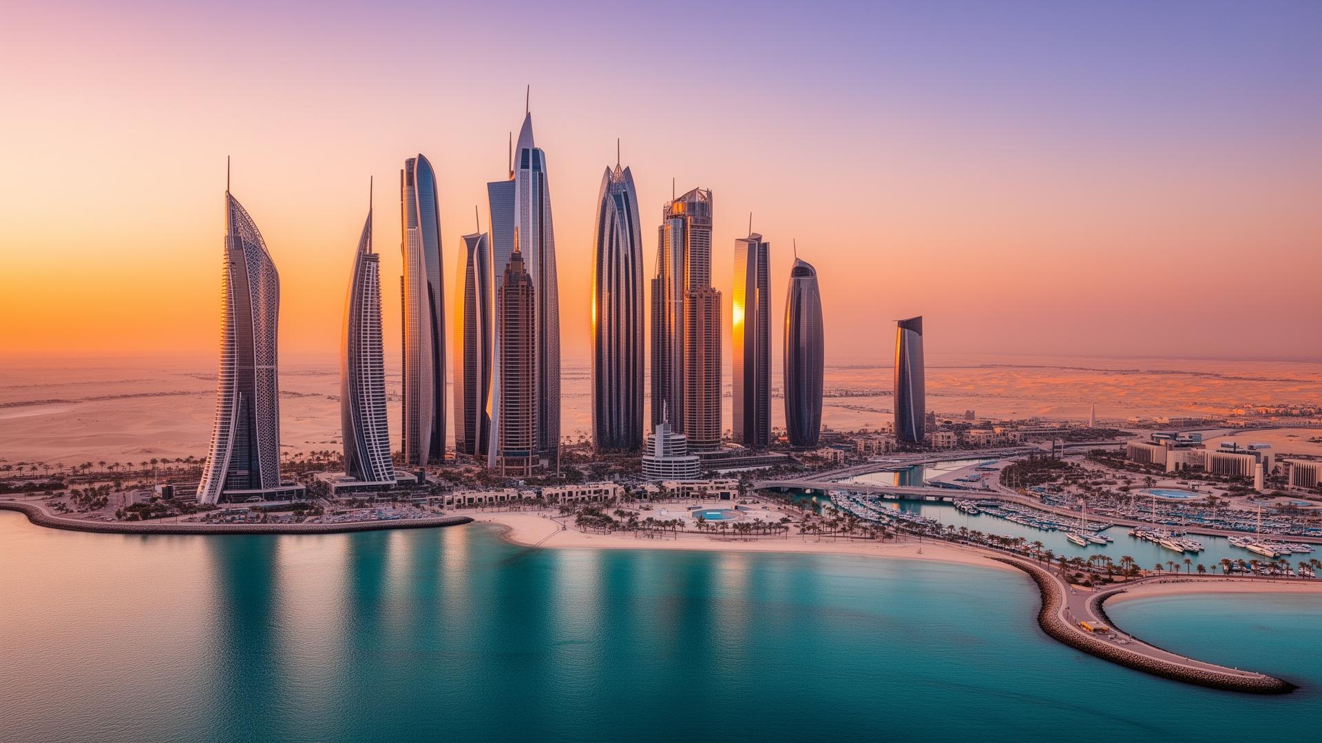 Doha Qatar skyline met moderne wolkenkrabbers aan de Arabische Golf