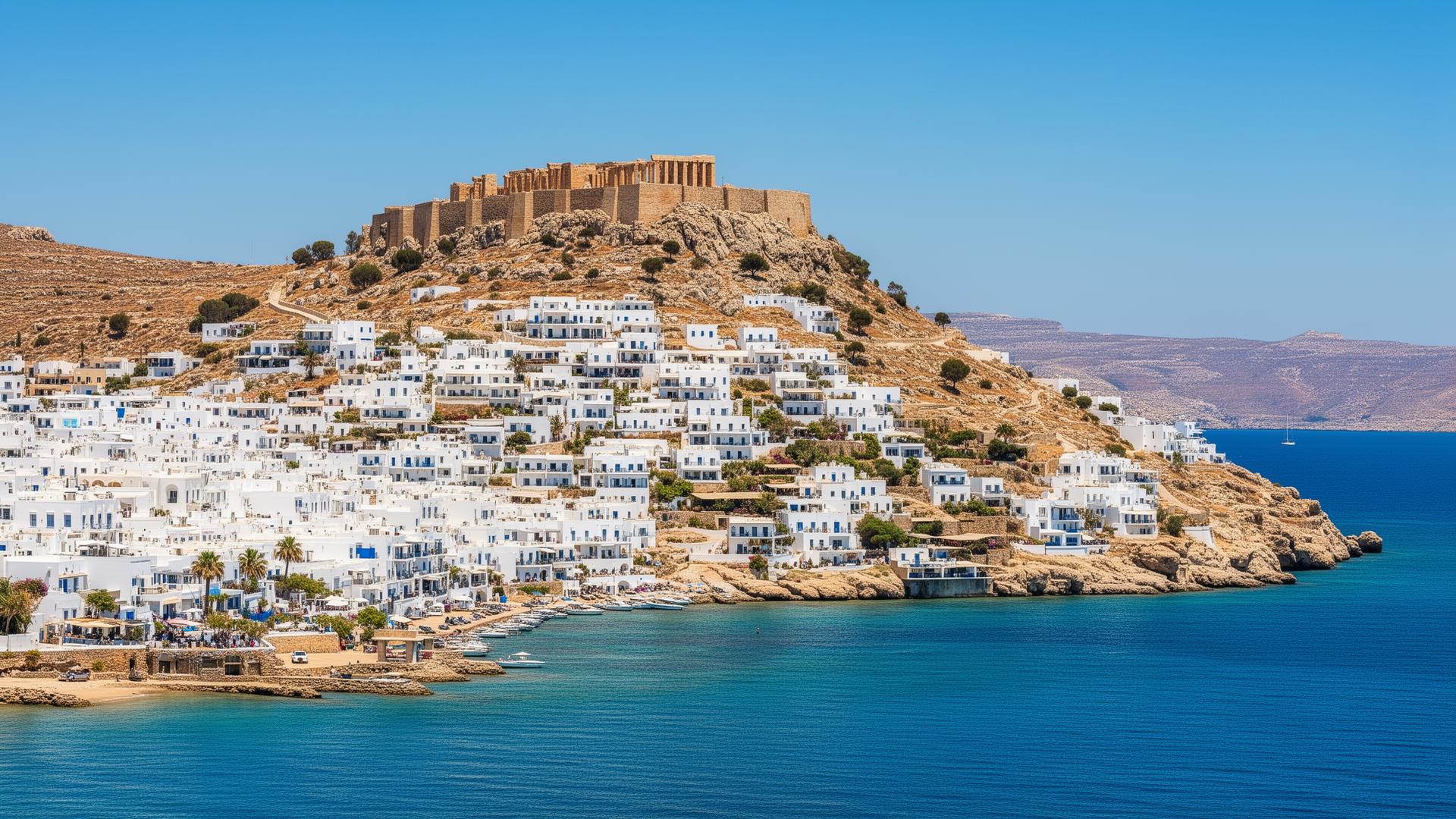 Witte huizen van Lindos met Akropolis op Rhodos
