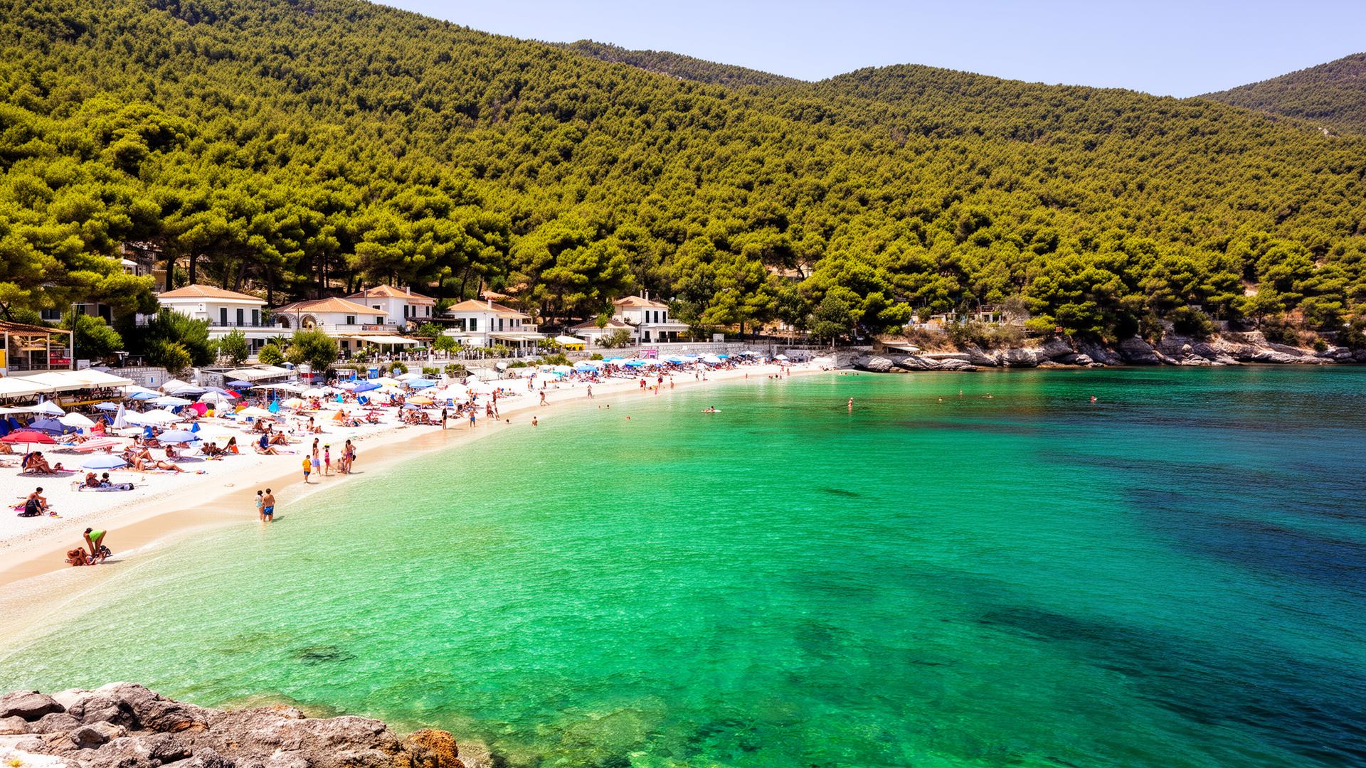 Samos Griekenland - prachtig strand met groene heuvels en helder water